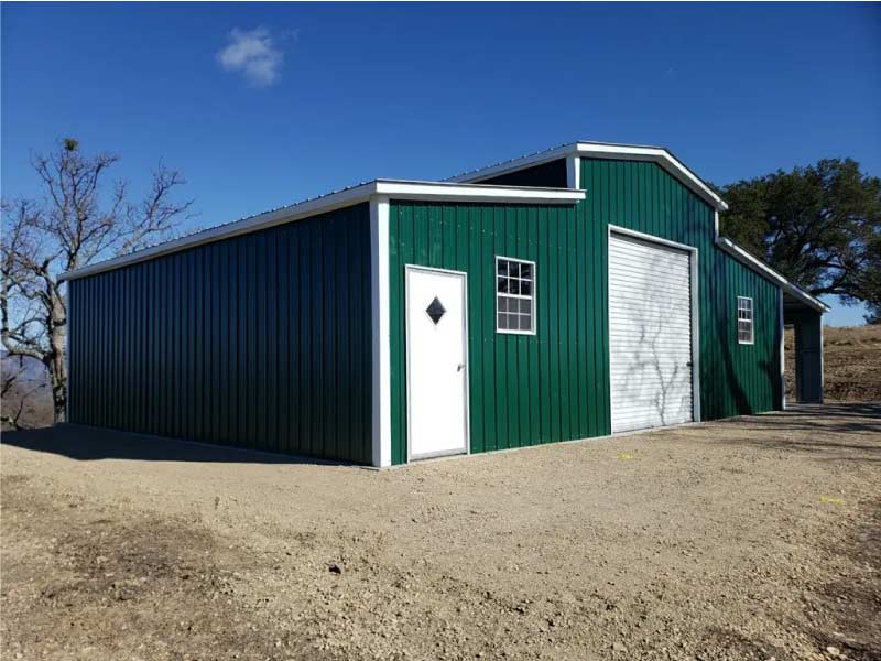dark green corrugated metal pole barn in fresno, ca