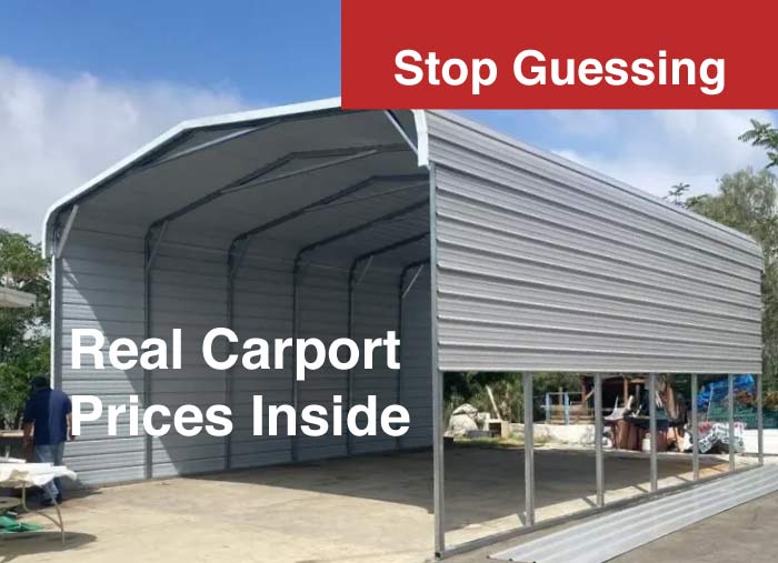 How Much Does It Cost to Build a Carport? Blog post thumbnail featuring a steel carport with text overlay reading Stop Guessing Real Carport Prices Inside for cost estimation guide.