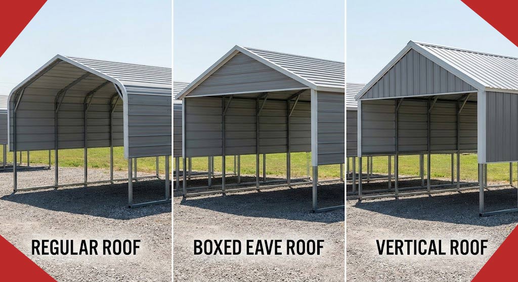 A side-by-side comparison photograph showing the structural differences between Regular Roof, Boxed Eave Roof, and Vertical Roof styles on steel metal carports